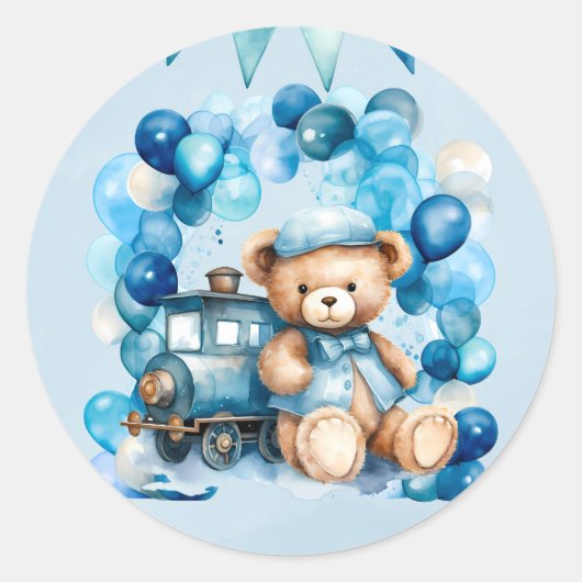 Teddy Bear Cho Cho Train Boy Baby shower Ronde Sticker (Voorkant)