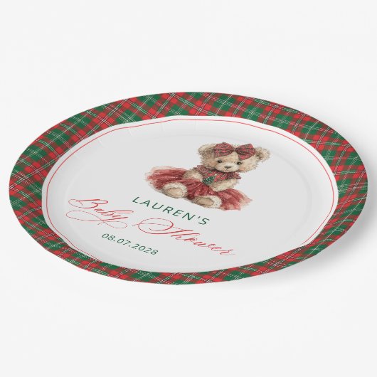 Teddy Bear Christmas Girl Baby shower Papieren Bordje (Gekanteld)