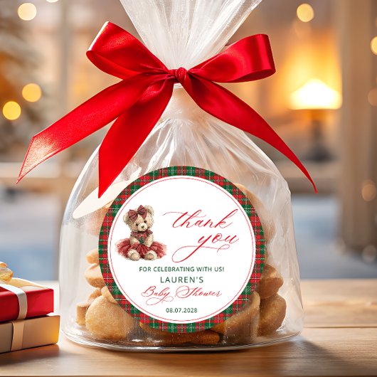 Teddy Bear Christmas Girl Baby Shower Thank You Ronde Sticker