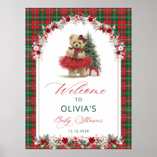 Teddy Bear Christmas Girl Baby shower Welkom Poster (Voorkant)