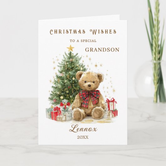Teddy Bear Christmas Tree Grandson Feestdagen Kaart (Voorkant)