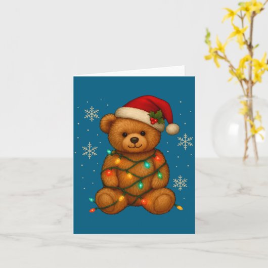 Teddy Bear Christmas Tree Lights Santa Hat For Bea Kaart (Gele Bloem)