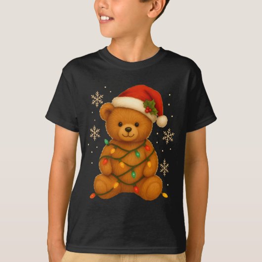 Teddy Bear Christmas Tree Lights Santa Hat For Bea T-shirt (Voorkant)