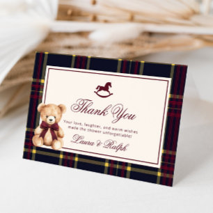Teddy Bear Classic Bourgondië Geruite Baby Shower Bedankkaart