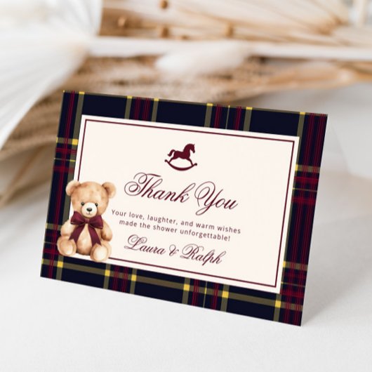 Teddy Bear Classic Burgundy Plaid Baby Shower Bedankkaart
