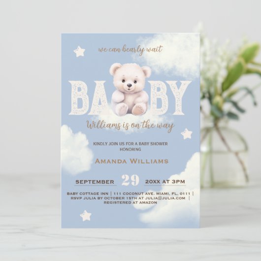 Teddy Bear Cloud 9 Bearly Wait Blue Boy Shower Kaart (Staand voorkant)
