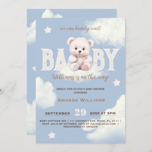 Teddy Bear Cloud 9 Bearly Wait Blue Boy Shower Kaart (Voorkant / Achterkant)