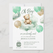 Teddy Bear Clouds Balloon Green Baby shower Kaart (Voorkant)
