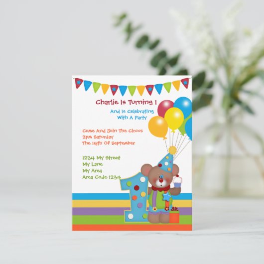 Teddy Bear Clown First Birthday Party Kaart (Staand voorkant)