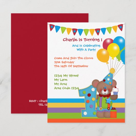 Teddy Bear Clown First Birthday Party Kaart (Voorkant / Achterkant)