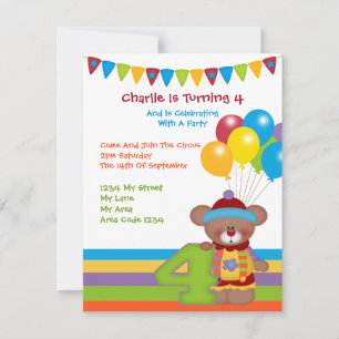 Teddy Bear Clown Fourth Birthday Party Kaart