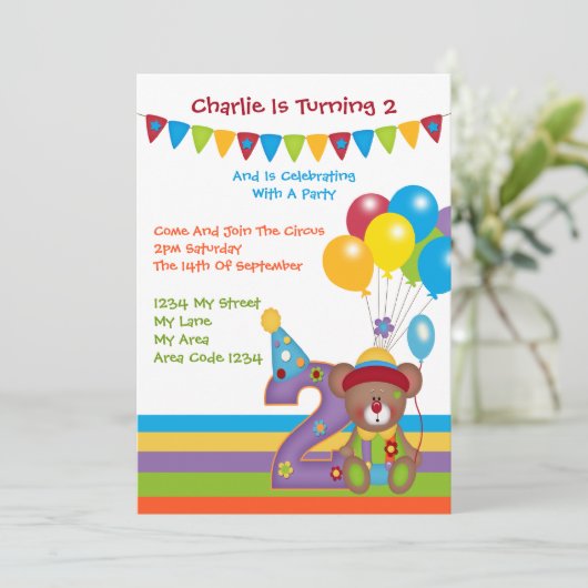 Teddy Bear Clown Tweede verjaardag Kaart (Staand voorkant)