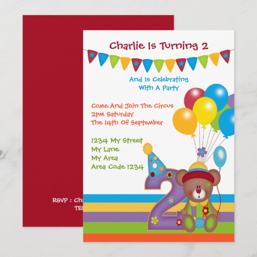 Teddy Bear Clown Tweede verjaardag Kaart (Voorkant / Achterkant)