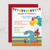 Teddy Bear ClownThird Birthday Party Kaart (Voorkant / Achterkant)