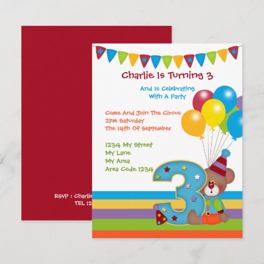 Teddy Bear ClownThird Birthday Party Kaart (Voorkant / Achterkant)