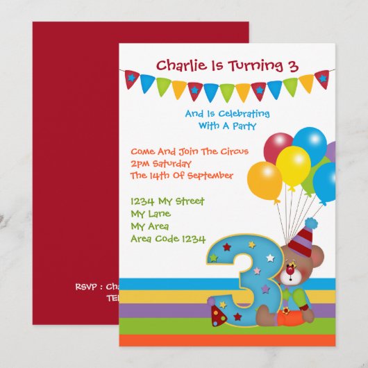 Teddy Bear ClownThird Birthday Party Kaart (Voorkant / Achterkant)
