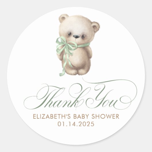 Teddy Bear Cute Brown Sage Baby shower Dank je wel Ronde Sticker (Voorkant)