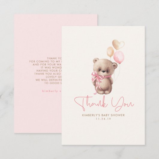 Teddy Bear Cute Girl Baby shower Dank je wel Bedankkaart (Voorkant / Achterkant)