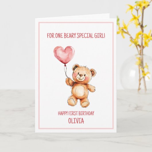 Teddy Bear Cute Pink Balloon Happy 1st Birthday Kaart (Gele Bloem)