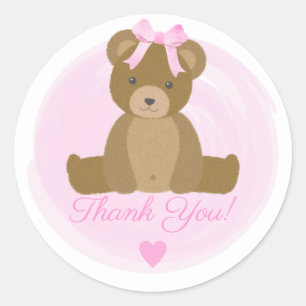 Teddy Bear Cute Pink Bow Baby shower Dank u wel Ronde Sticker