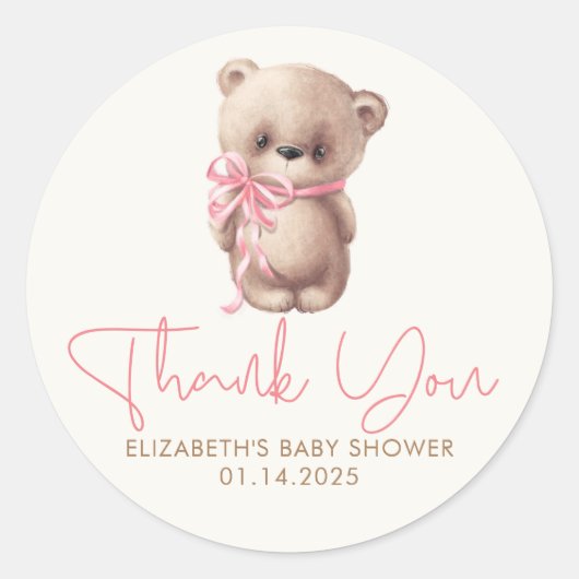 Teddy Bear Cute Pink Brown Baby shower Dank u Ronde Sticker (Voorkant)