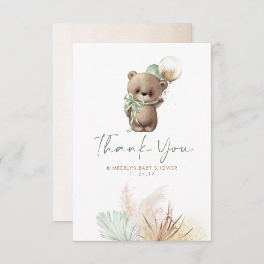 Teddy Bear Cute Sage Green Baby shower Dank u wel Bedankkaart (Voorkant / Achterkant)