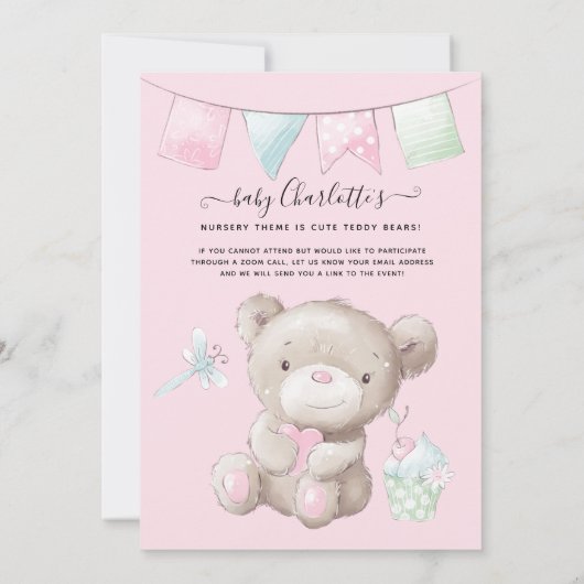 Teddy Bear Cute w Balloons Floral Baby Girl Shower Kaart (Achterkant)