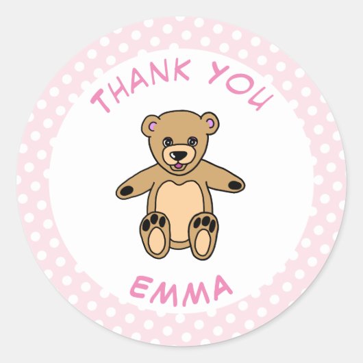 Teddy Bear Dank je wel Pink Polka Dot Ronde Sticker (Voorkant)