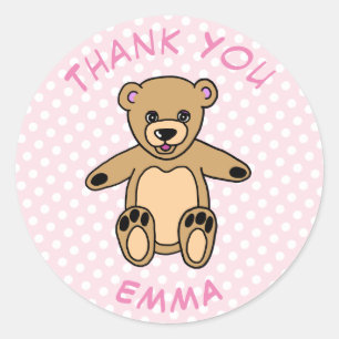 Teddy Bear Dank u Naam Stippen Roze Ronde Sticker