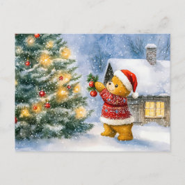 Teddy Bear Decorating a Christmas Tree in snowing  Briefkaart