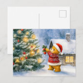Teddy Bear Decorating a Christmas Tree in snowing  Briefkaart (Voorkant / Achterkant)