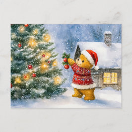 Teddy Bear Decorating a Christmas Tree in snowing  Briefkaart
