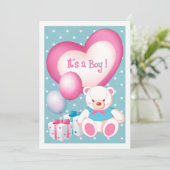 Teddy Bear Design Baby Jongen Geboorte Aankondigin Aankondiging (Staand voorkant)