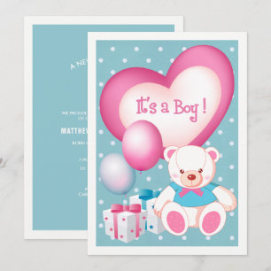 Teddy Bear Design Baby Jongen Geboorte Aankondigin Aankondiging