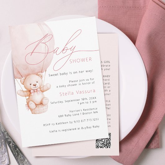 Teddy Bear Details QR Code Meisje Baby shower Kaart