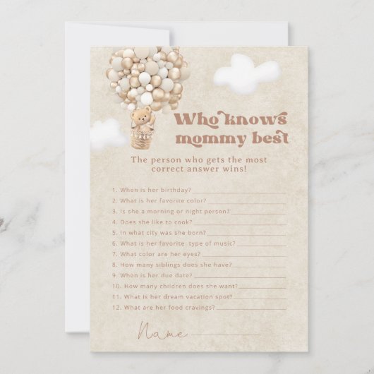 Teddy Bear die weet mama beste Baby shower spel Kaart (Voorkant)