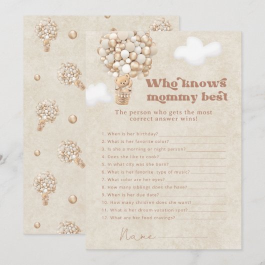 Teddy Bear die weet mama beste Baby shower spel Kaart (Voorkant / Achterkant)