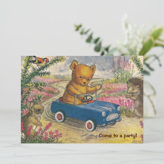 Teddy Bear Drive Birthday Party Invitation Kaart (Staand voorkant)