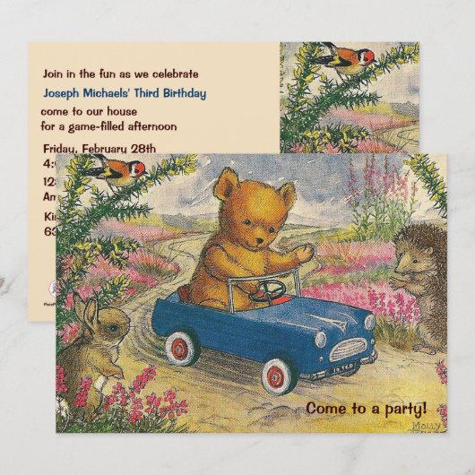 Teddy Bear Drive Birthday Party Invitation Kaart (Voorkant / Achterkant)