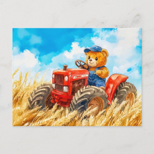  Teddy Bear Driving a Tractor in Wheat Field Briefkaart (Voorkant)
