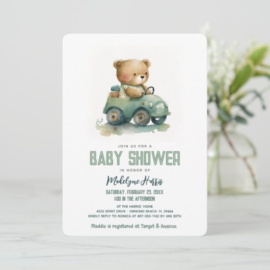 Teddy Bear Driving Speelgoed Auto Blue Baby shower Kaart (Staand voorkant)