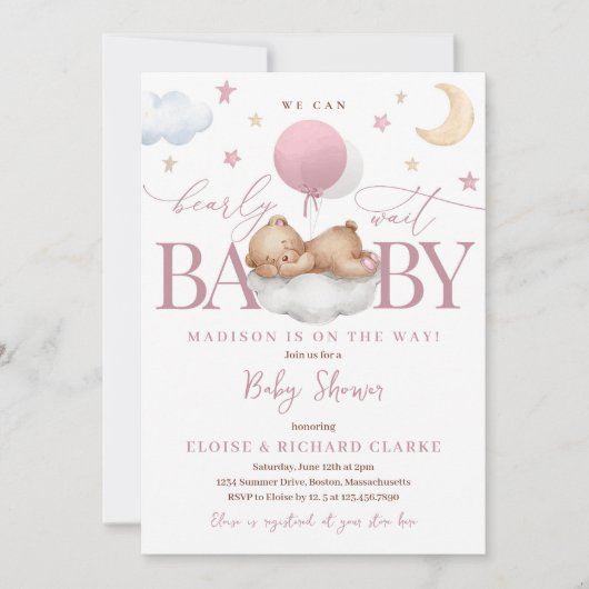 Teddy Bear Dusty Pink Ballon Clouds Baby shower Kaart (Voorkant)