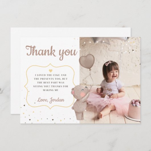 Teddy Bear Eerste verjaardag Dank je wel Kaart (Voorkant / Achterkant)