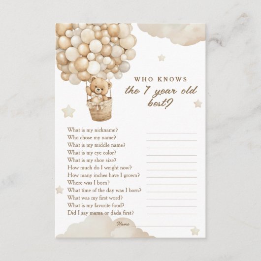 Teddy Bear Eerste Verjaardag Wie Weet Beste Spel Informatiekaartje (Voorkant)
