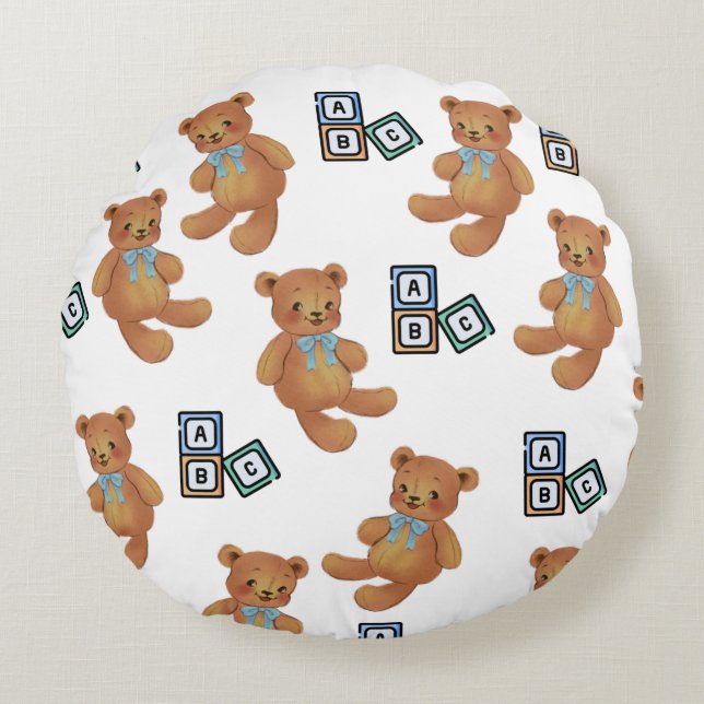 Teddy Bear en ABC Sierkussen Rond Kussen (Voorkant)