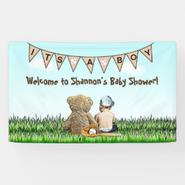 Teddy Bear en Baby Baseball Boy Baby shower Spandoek