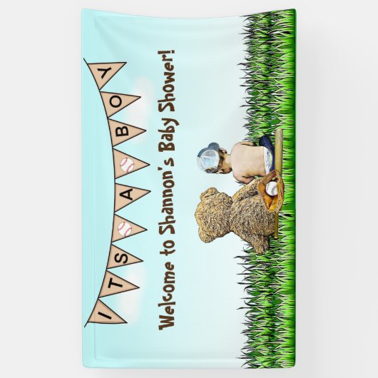 Teddy Bear en Baby Baseball Boy Baby shower Spandoek (Verticaal)