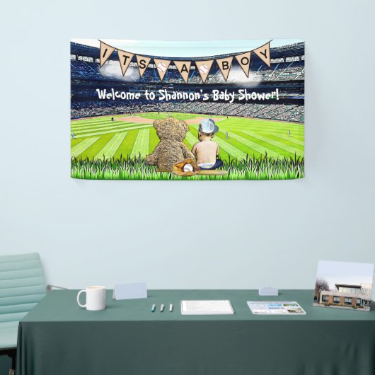 Teddy Bear en Baby Baseball Field Baby shower Spandoek (Beurs)