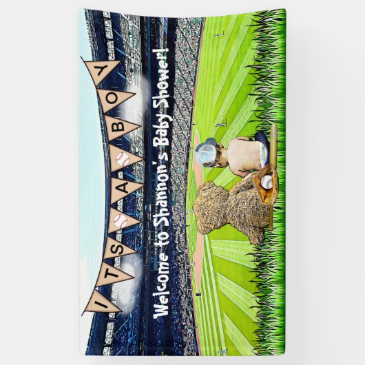 Teddy Bear en Baby Baseball Field Baby shower Spandoek (Verticaal)