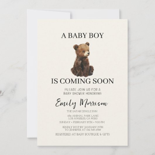Teddy Bear en Baby Boy komen naar het Baby shower Kaart (Voorkant)
